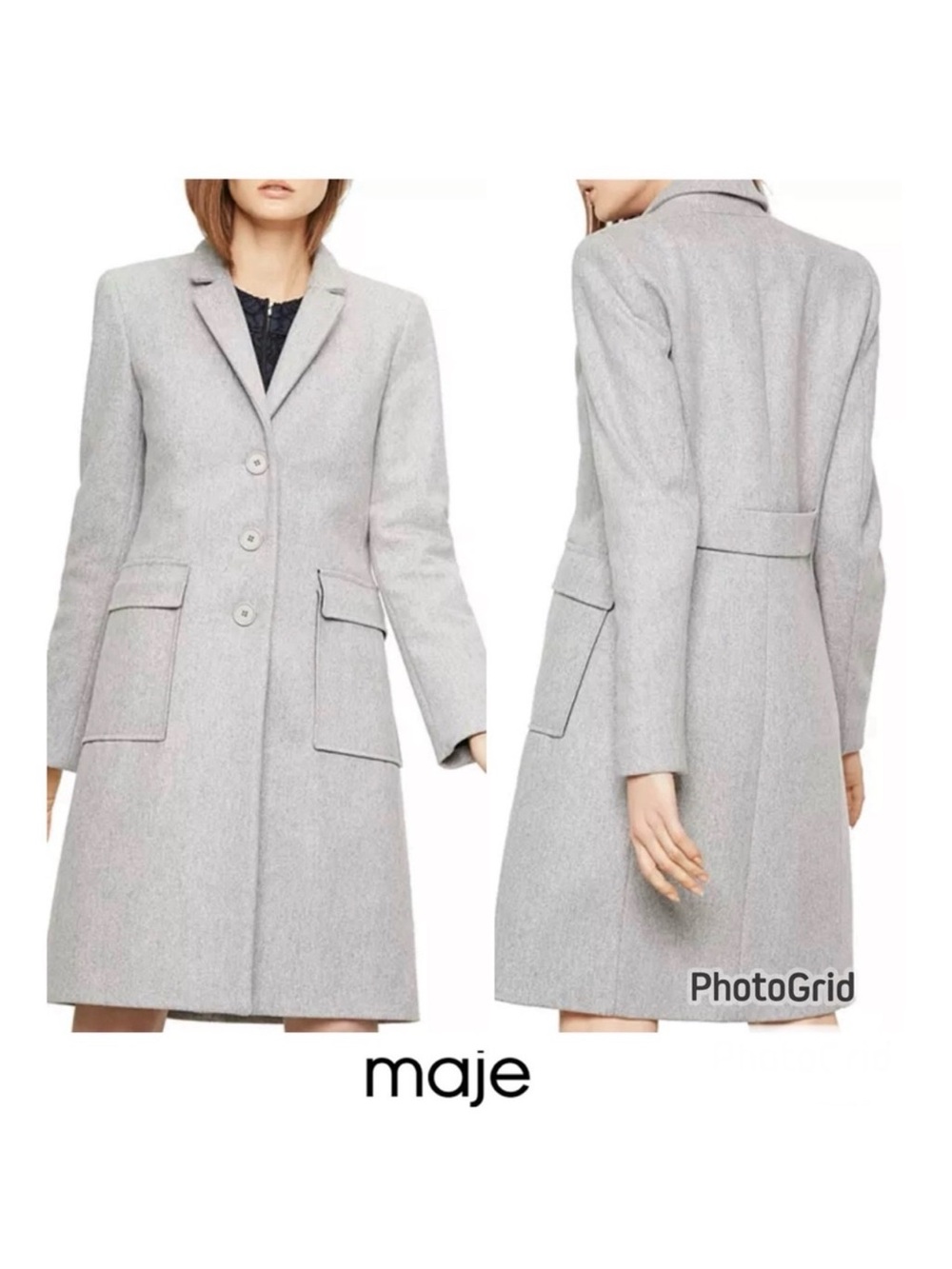 MAJE Grakim Gray Wool Blend Button Down Front Pockets Long Sleeve Pea Coat Sz 36